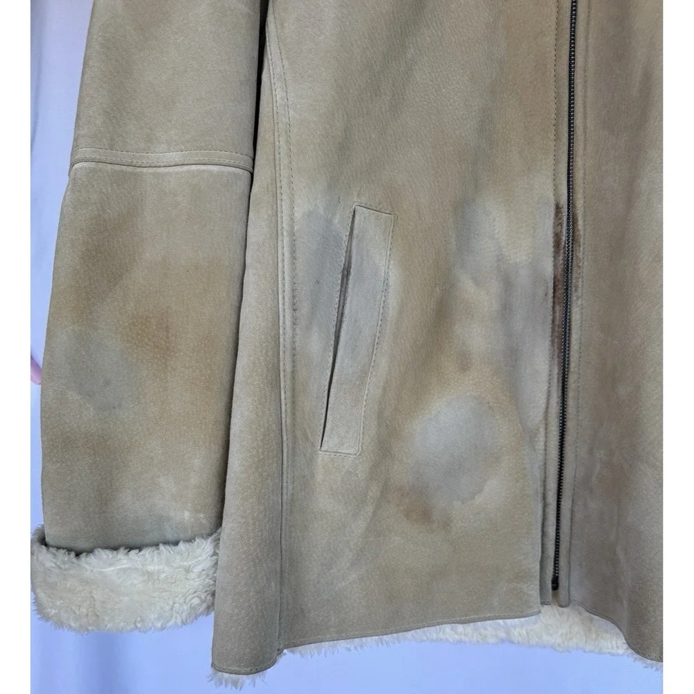 Jones NY Womens Penny Lane Suede Faux Fur Lined Coat Size L Hood Zip Tan *flaws